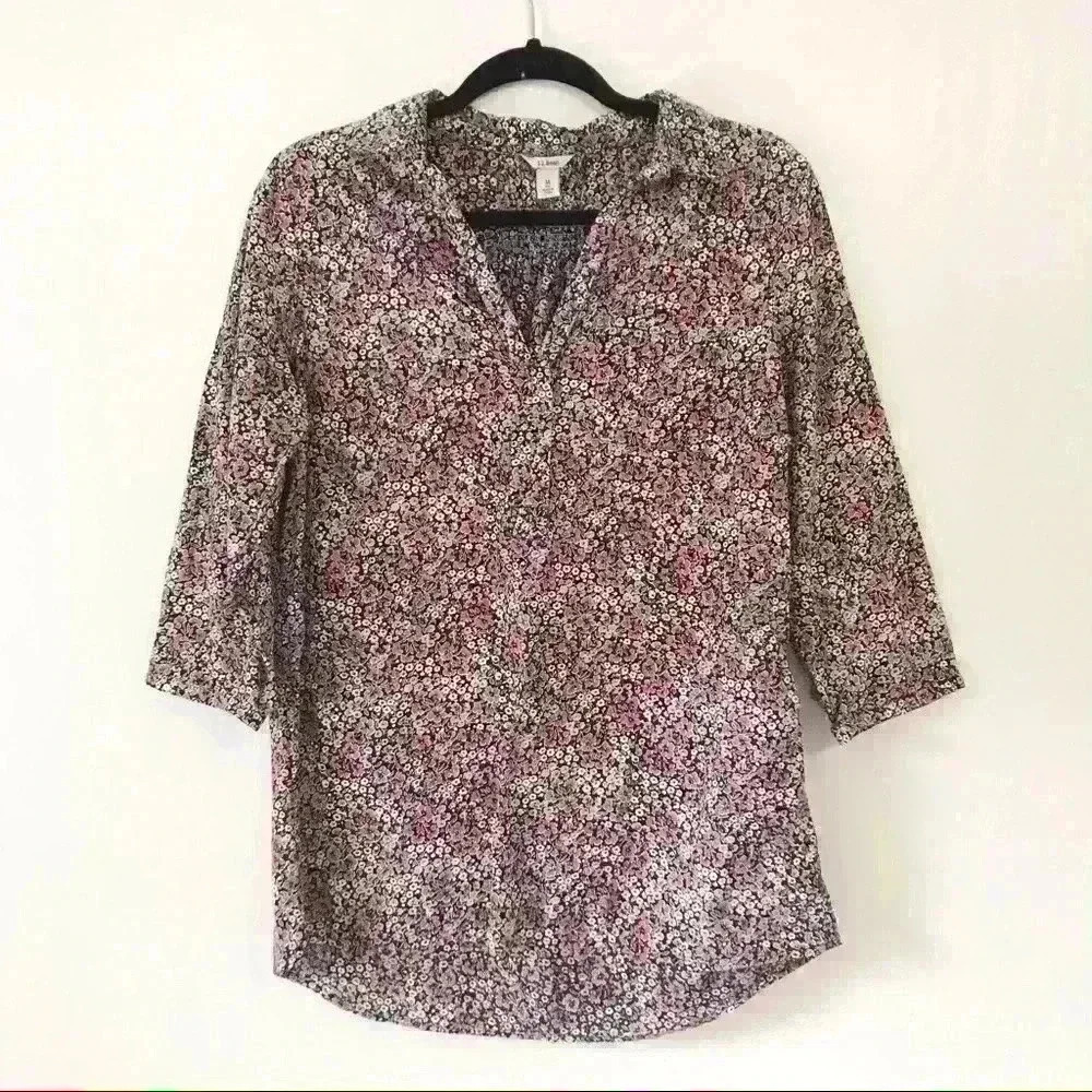 L.L. Bean Floral 3/4 Sleeve Pullover Blouse